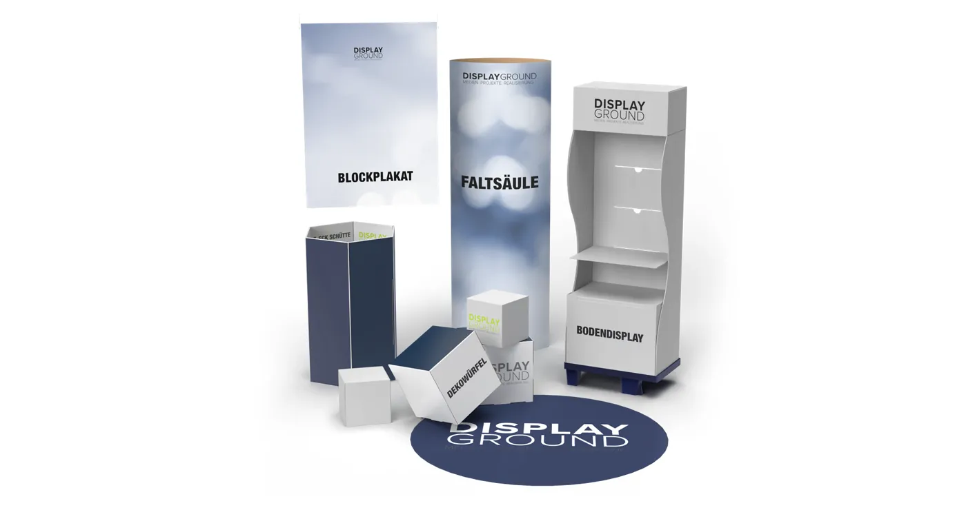 POS-Display-Programm von DisplayGround – Blockplakat, Faltsäule und Bodendisplay
